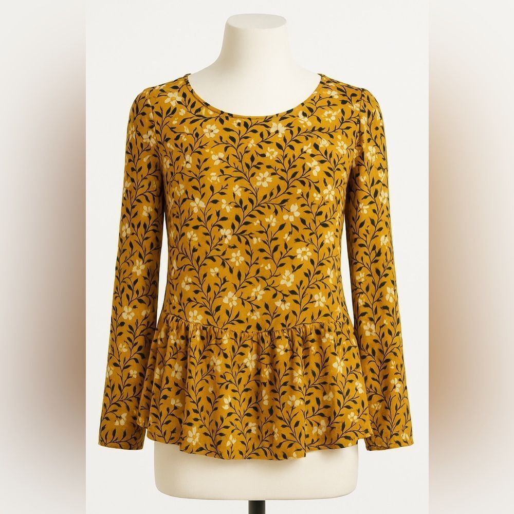 Maeve by Anthropology Mustard Floral Peplum Top